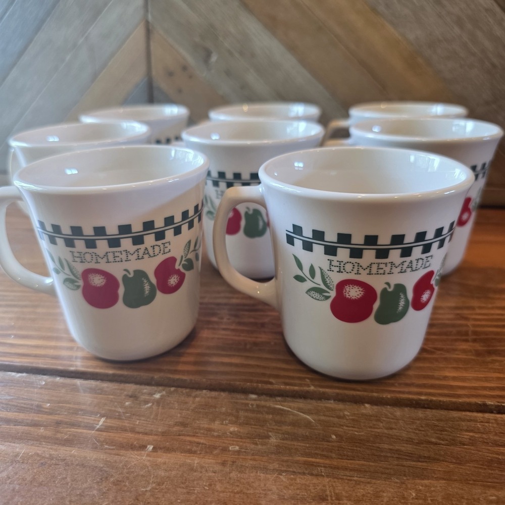 Corelle Corning Farm Fresh 8 Coffee Mugs Cups 3.5" Apples Check Border Retired